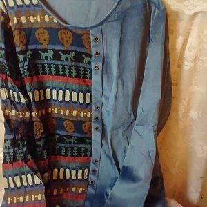 NIB  New Chic blue long sleeve top primitive design sz XL corduroy back
